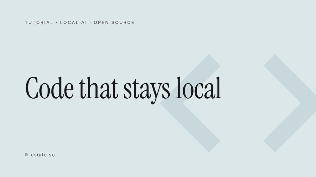 Code that stays local: title card on a soft icy-sky background with a faint code-brackets silhouette on the right.