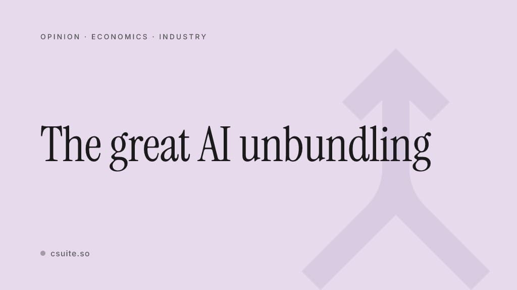 The great AI unbundling: title card on a soft lavender background with a faint merging-arrows silhouette on the right.