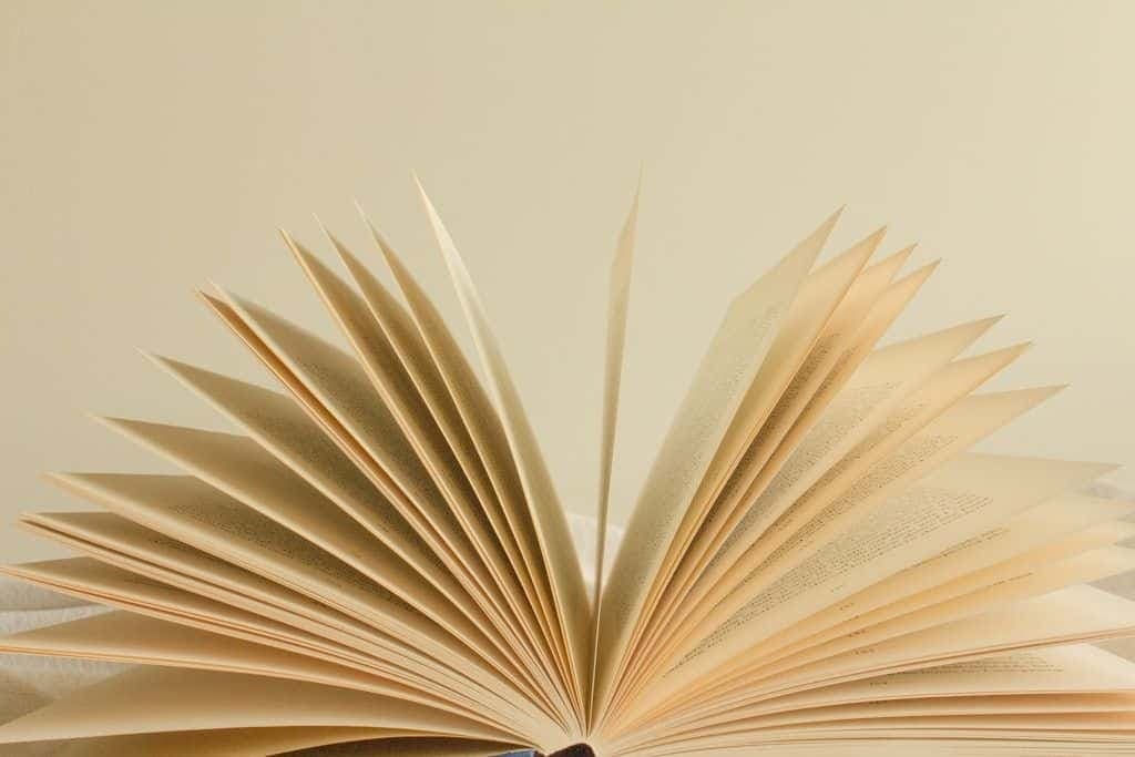 An open book with its pages lit against a dark background.