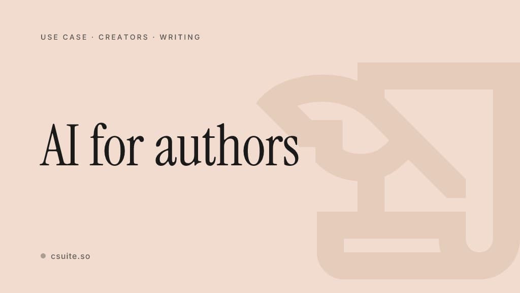 AI for authors: title card on a soft peach background with a faint quill silhouette on the right.