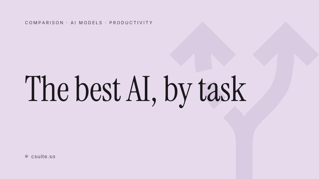 The best AI by task: title card on a soft lavender background with a faint branching-route silhouette on the right.