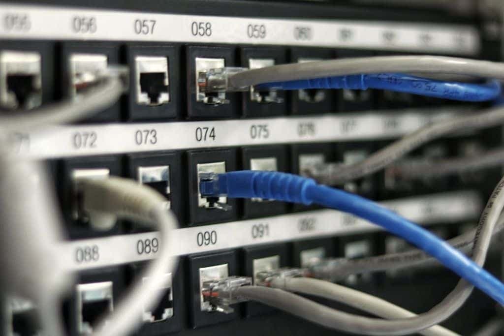 Blue network cables plugged into rows of switch ports.