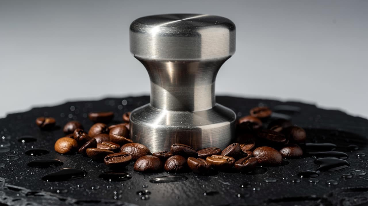 Product still life of a brushed-titanium espresso tamper on wet black slate, generated with Flux 2 Pro in CSuite