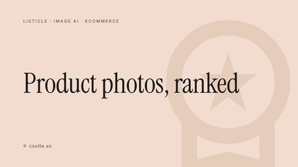 The best AI image generator for product photography — title card on a soft peach background with a faint medal silhouette on the right.