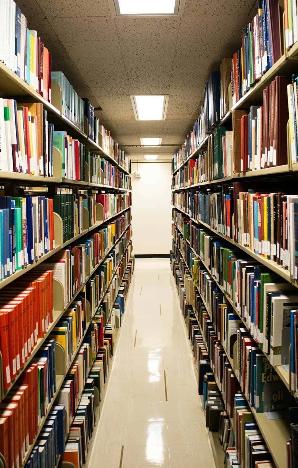 A long library aisle lined with tall bookshelves stacked floor to ceiling with books, vanishing into the distance.