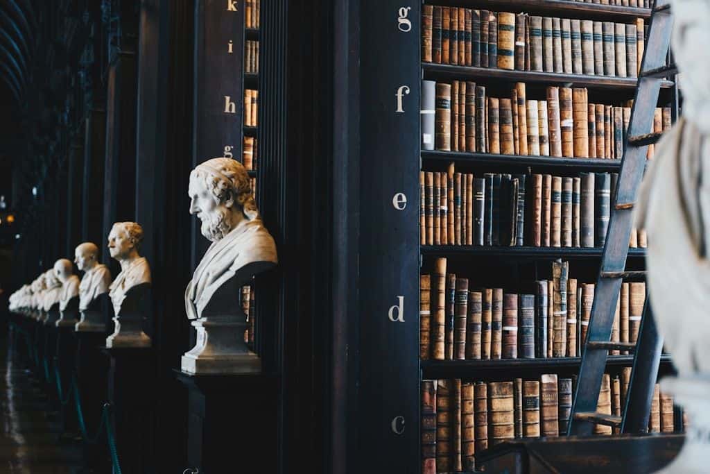A long hall of a classical library — dark wooden bookcases packed with leather-bound legal volumes, a row of marble busts standing between them, a tall ladder on the right.