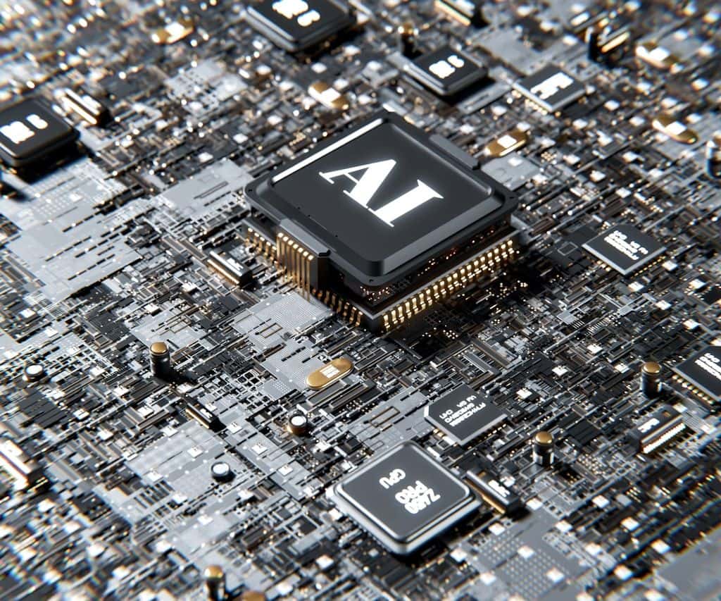 A macro photograph of a computer processor chip with a large letter A etched on its surface.