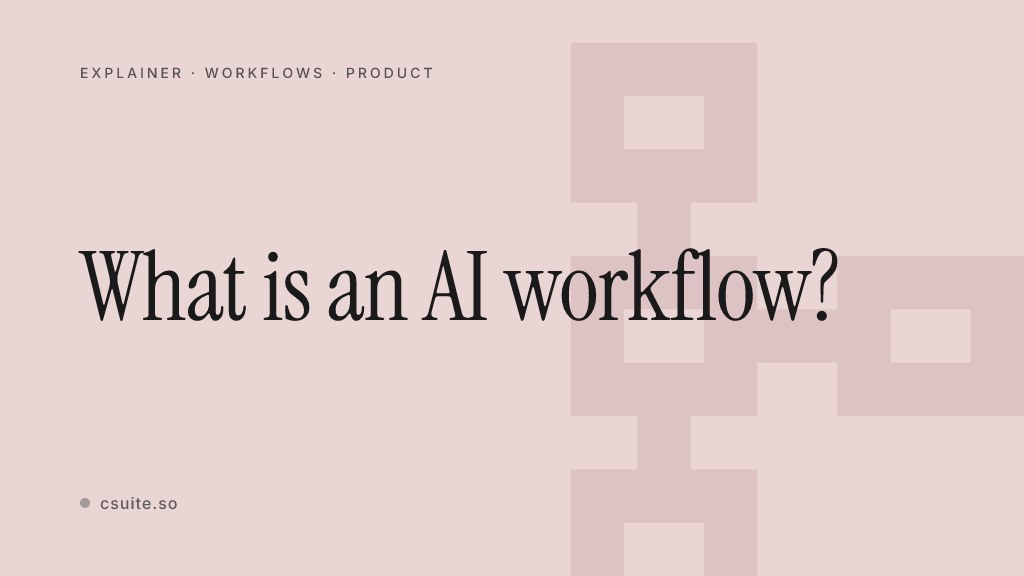 What is an AI workflow — title card on a soft background with a faint workflow-chain silhouette on the right.