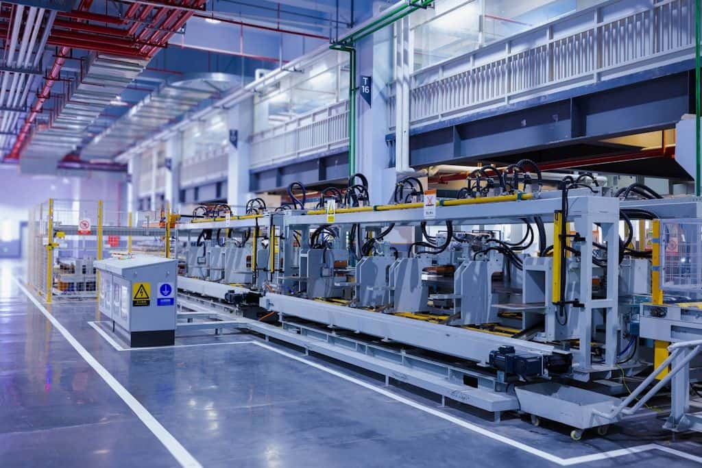 A large machine on a factory production line, parts moving through one station after another.