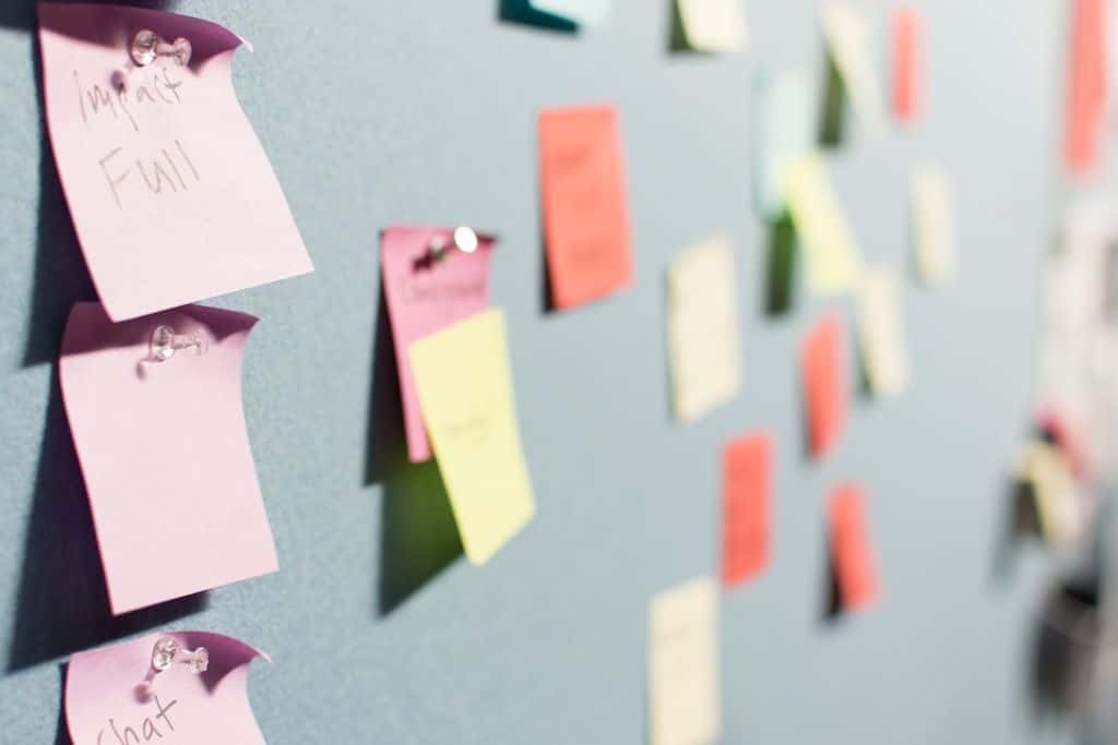 Colorful sticky notes pinned across a board, a process mapped out by hand.